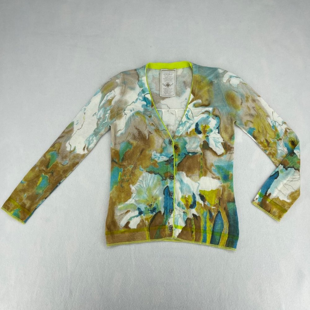 Luisa Cerano Watercolor Tye-Dye Bright Green V-neck Soft Cardigan Women's Size 6 - Picture 2 of 11